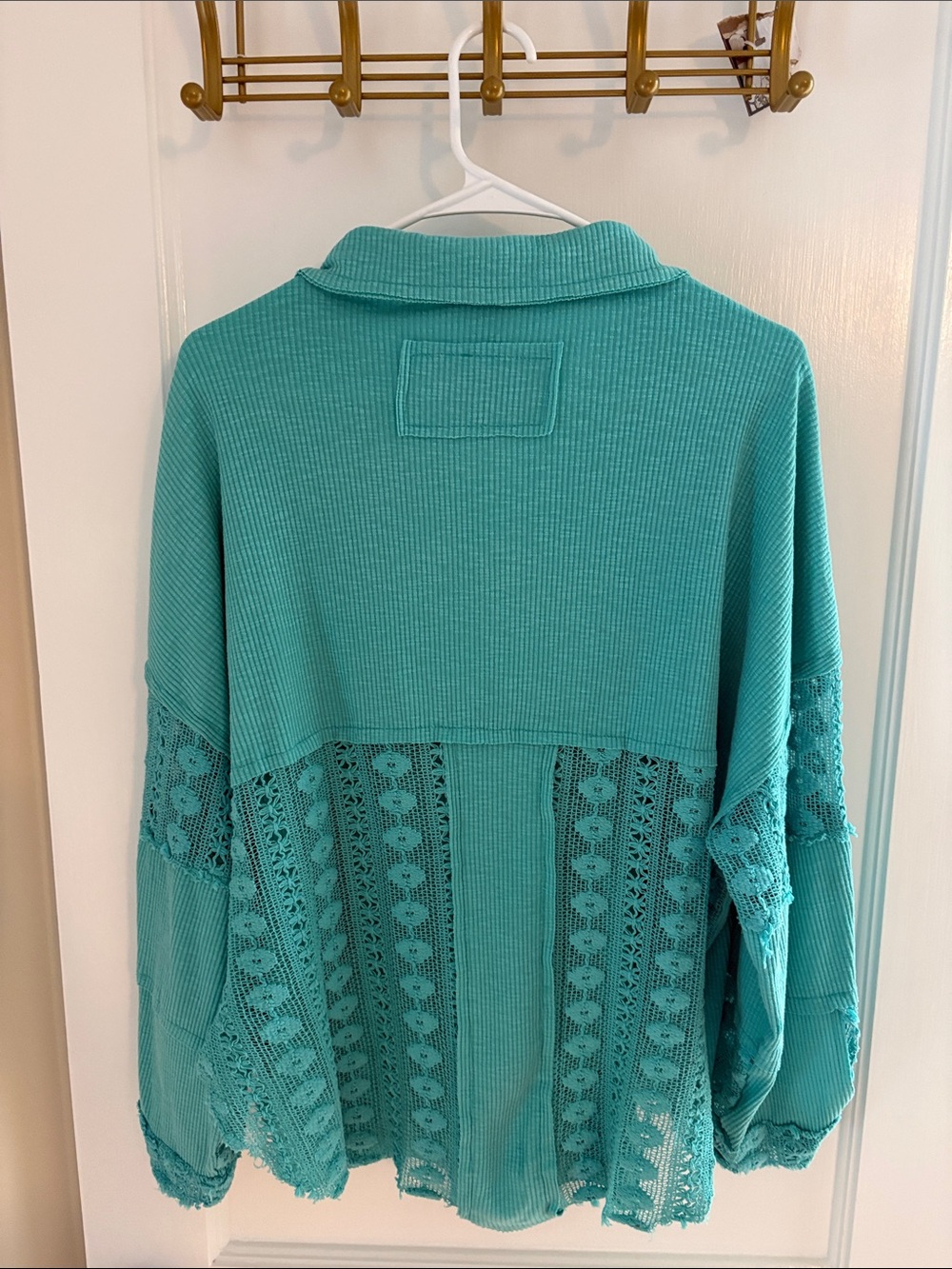 POL Turquoise Crochet-Pocket Button-Front Top - Picture 7 of 7